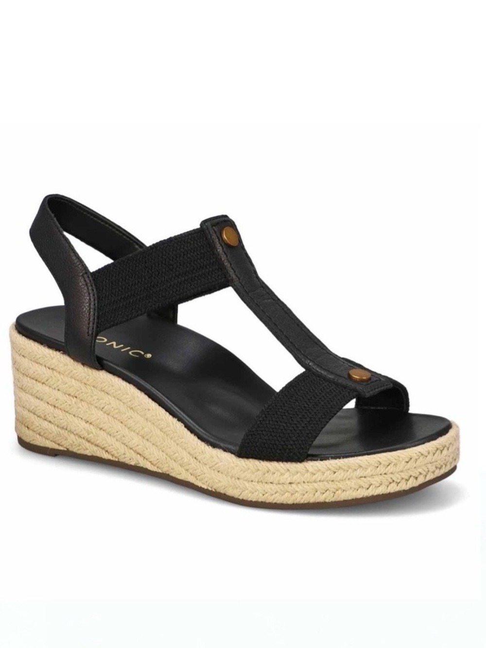 NWOB $135 Vionic Calera Black Leather Espadrille Wedge Sandals 9.5